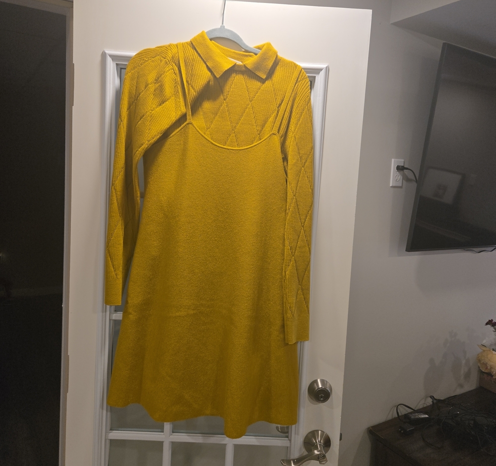 Mustard Yellow Long Sleeve Knit Dress with Polo Collar